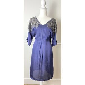 Roberta Freymann Womens Short Sleeve Sequin Beaded Boat Neck Shift Dress Blue M